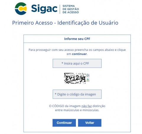 SIGAC primeiro acesso identificacao do usuario
